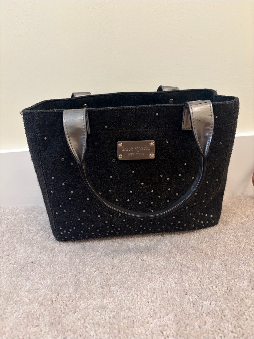 kate spade Black Studded Felt Tote with Patent Handles